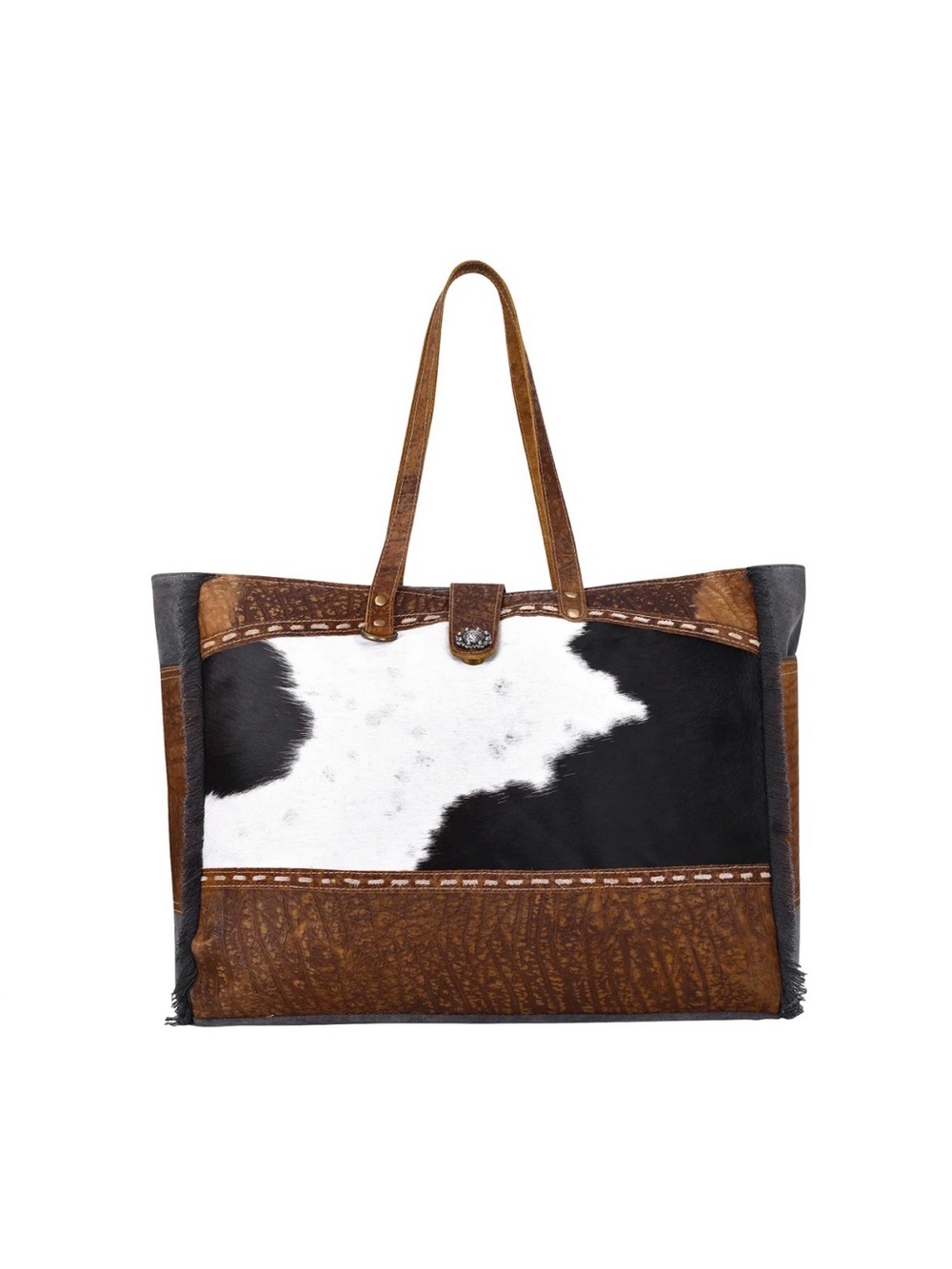 Western Weekender Bag Cowhide Patchwork Leather Tote Bag - Black, White & Brown
